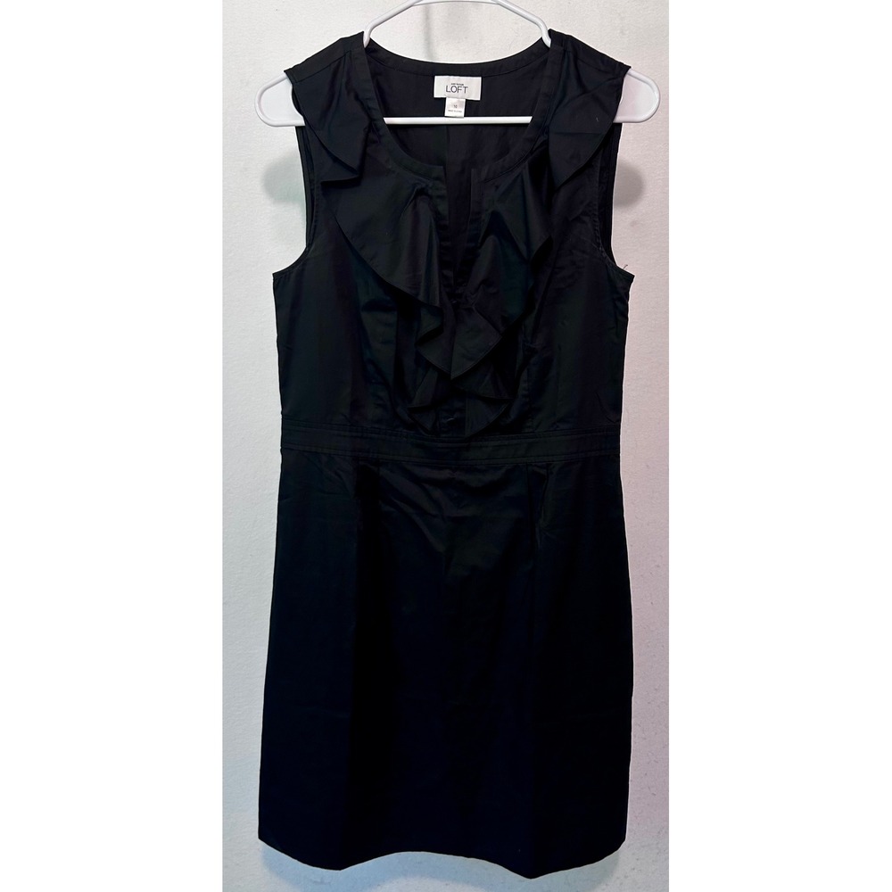 Ann Taylor Loft Womens Black Ruffle V-Neck Sleeveless Cotton Sheath Dress 10